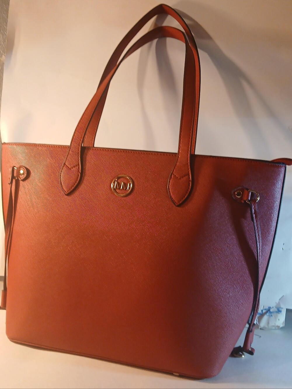 MM Large Cherry Red Structured Footed Saffiano  Style Faux Leather Tote Bag